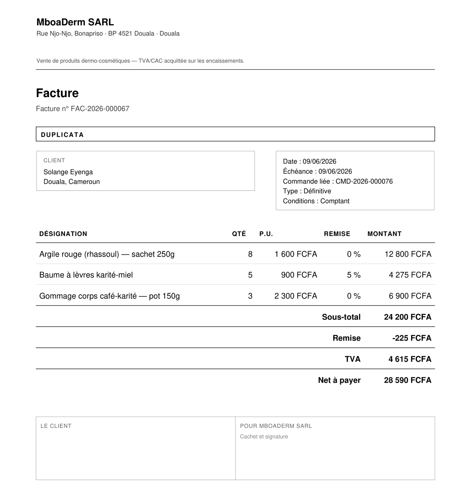 Facture client avec remise, TVA et net à payer, boutique fictive