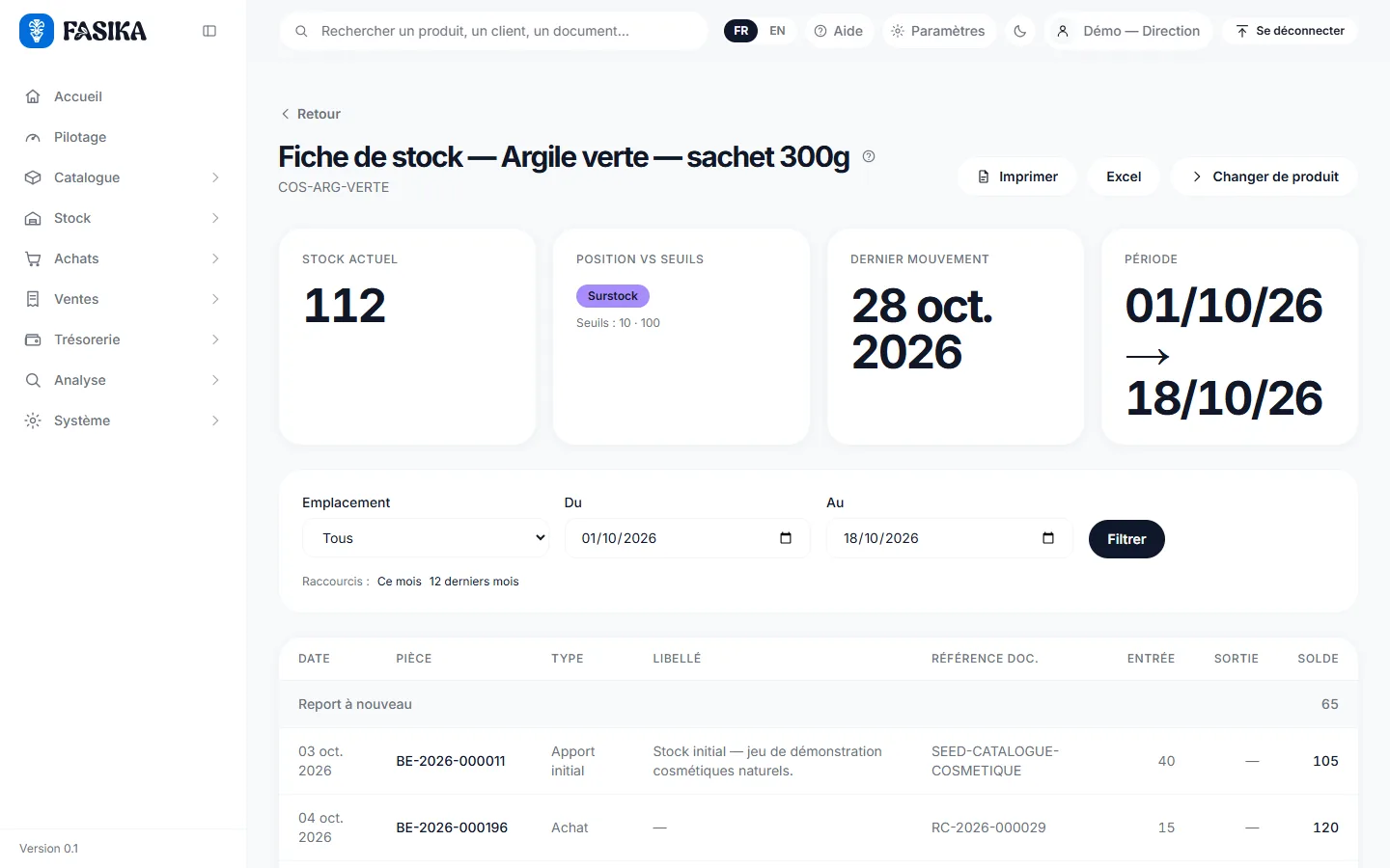Fiche de stock d'un article : stock actuel, seuils et mouvements datés