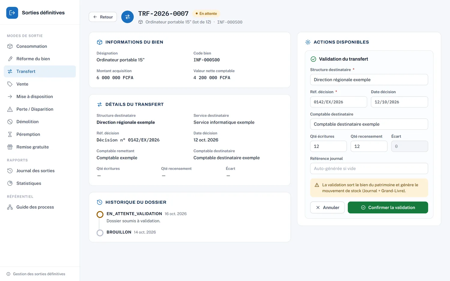 Sortie définitive par transfert : informations du bien et formulaire de validation