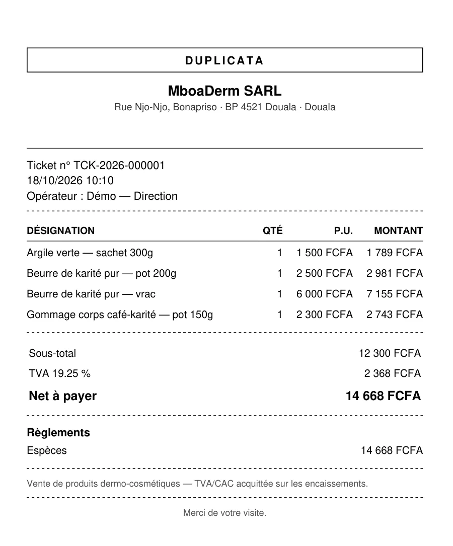 Ticket de caisse : articles, TVA à 19,25 % et règlement en espèces, boutique fictive